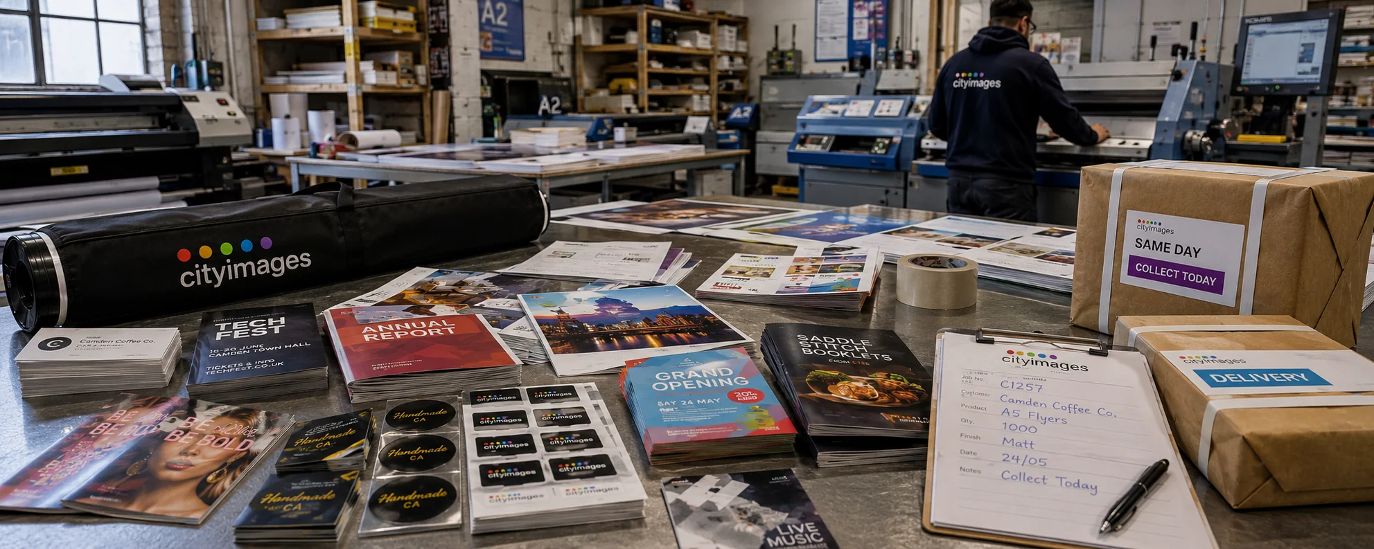 Business cards, posters, flyers, booklets and packaged jobs on the Camden bench, ready for collection