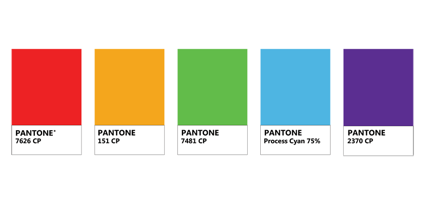 Pantone colour swatches: 7626 CP, 151 CP, 7481 CP, Process Cyan 75 per cent and 2370 CP