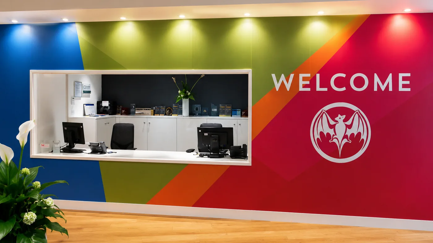 Full-colour geometric wall vinyl and welcome graphics across the Bacardi office reception wall