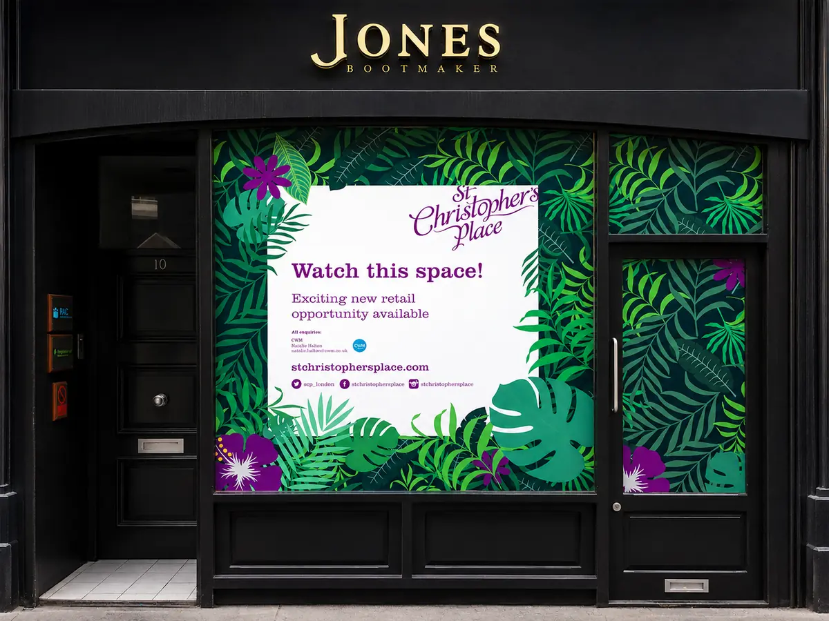 Full-colour printed vinyl with botanical artwork covering a London shopfront window and door