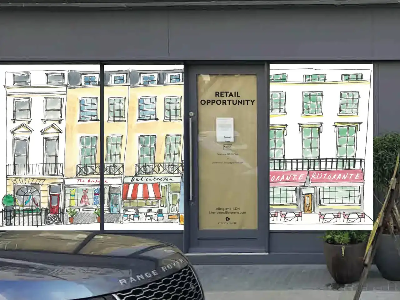 Illustrated window vinyl installed across a vacant Belgravia retail unit, with a Retail Opportunity panel on the door