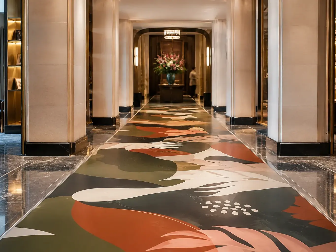 Printed floor graphic installed along a marble hotel hallway between stone columns