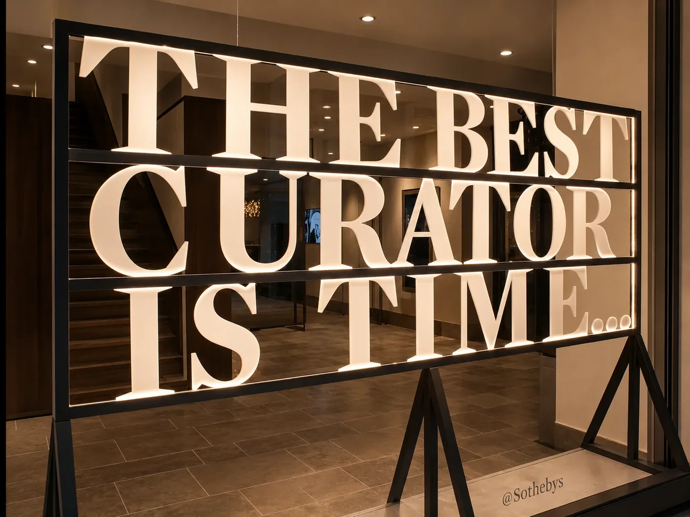 Illuminated cut letters spelling The Best Curator Is Time installed in a Sotheby’s window