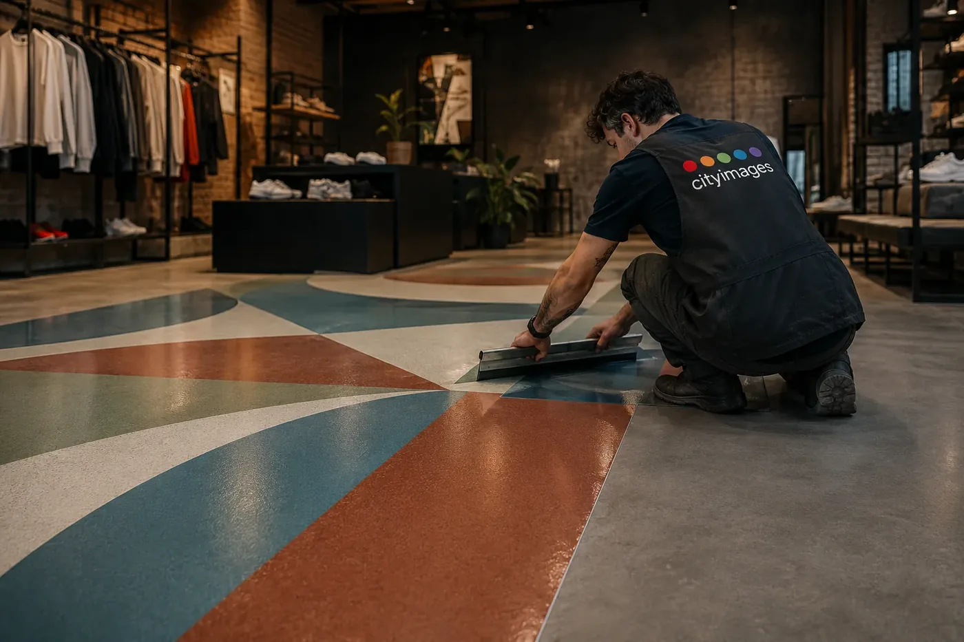 City Images installer squeegeeing a printed floor graphic into place in a London retail store