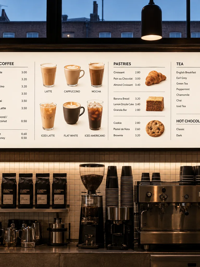 Backlit film menu board illuminated above a coffee bar counter