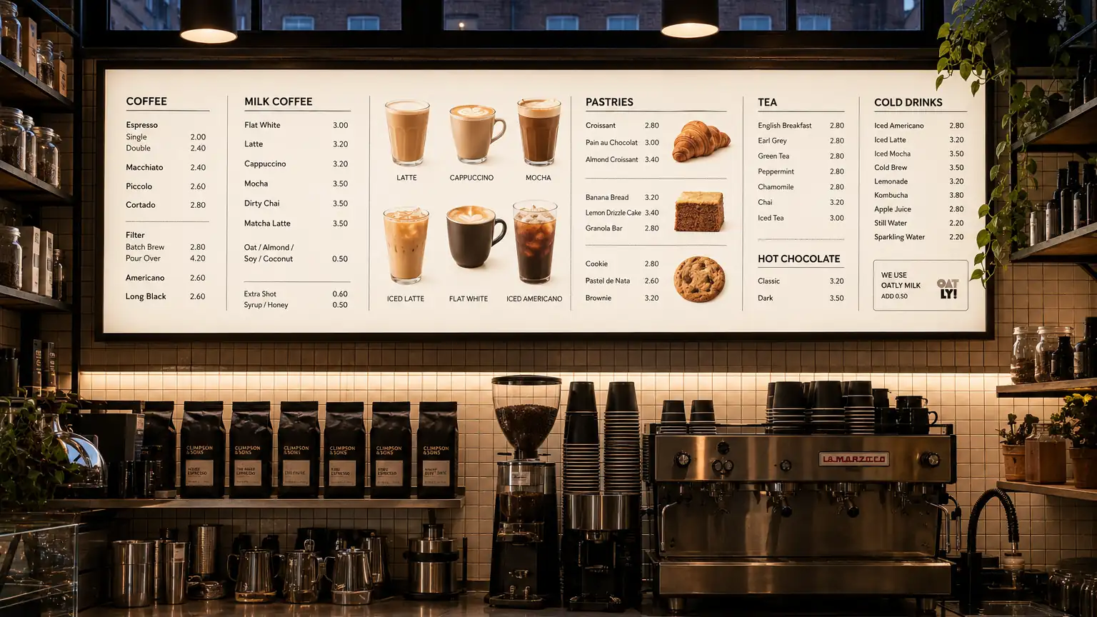 Backlit film menu board panel printed and lit for a London coffee bar