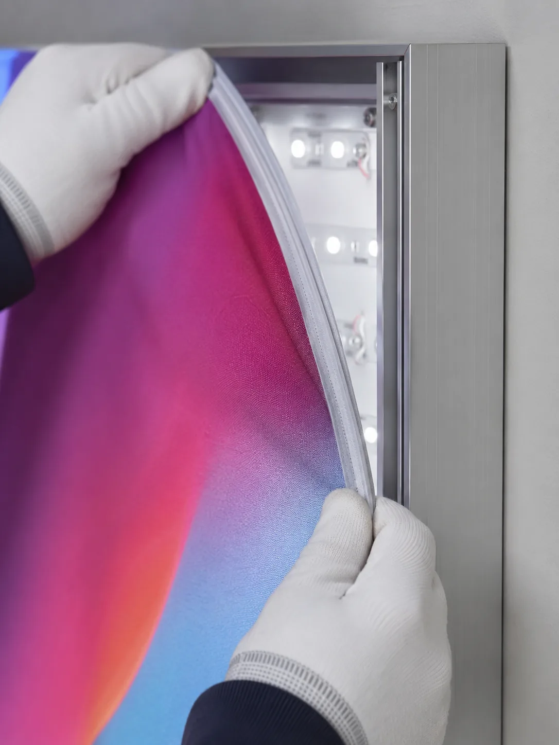 New silicone-edge graphic being fitted into an existing lightbox frame
