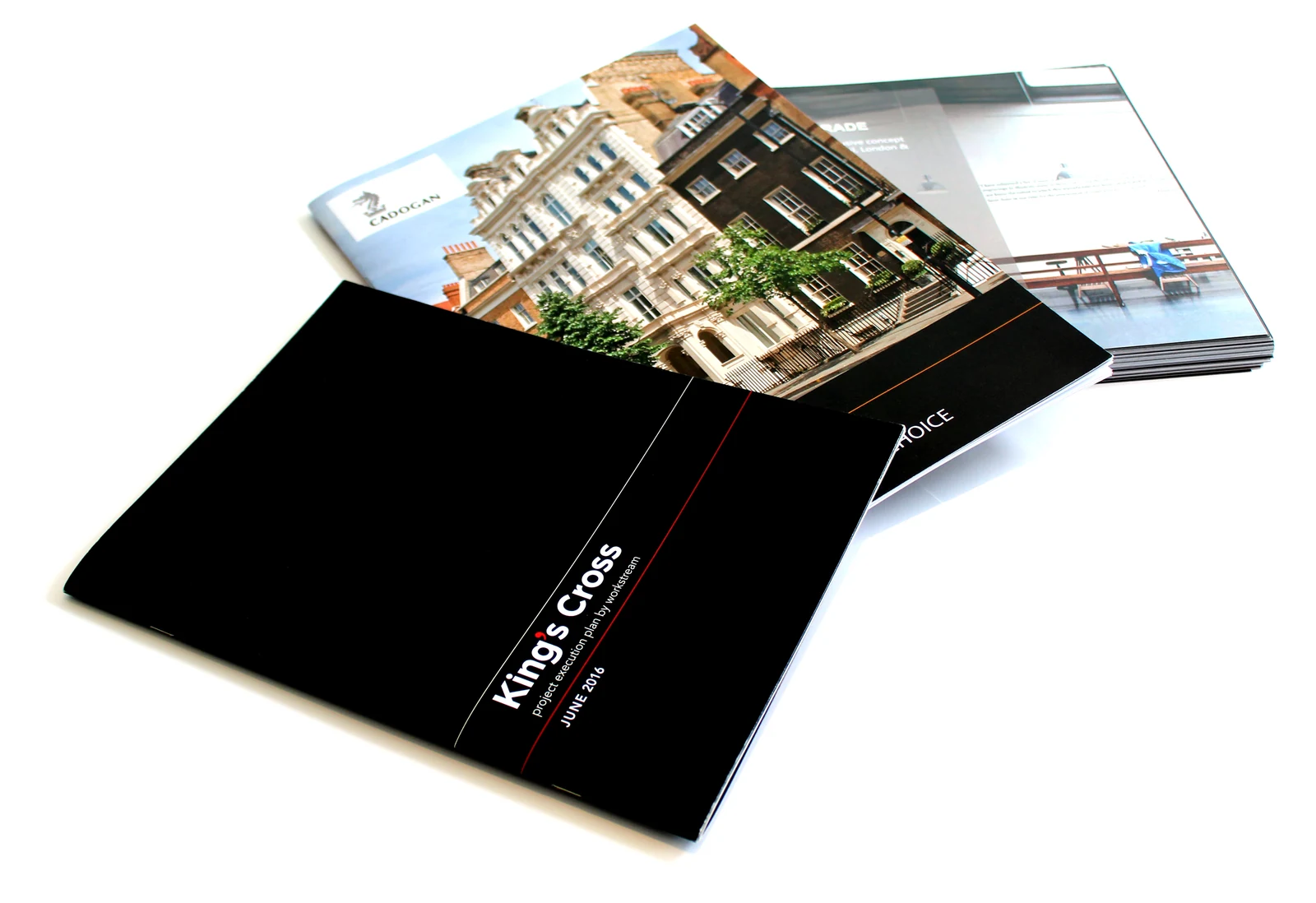 Range of saddle stitched property and development brochures with matt and silk printed covers