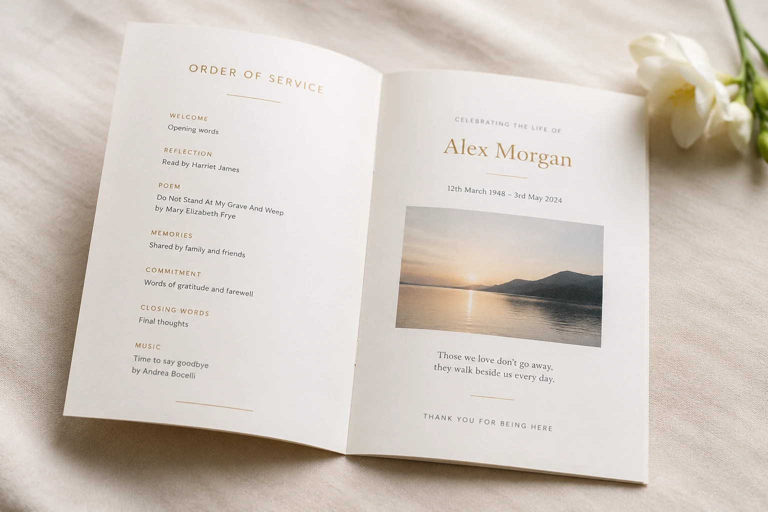 Saddle stitched order of service booklet with a sympathetic matt cover and a portrait photograph on the front