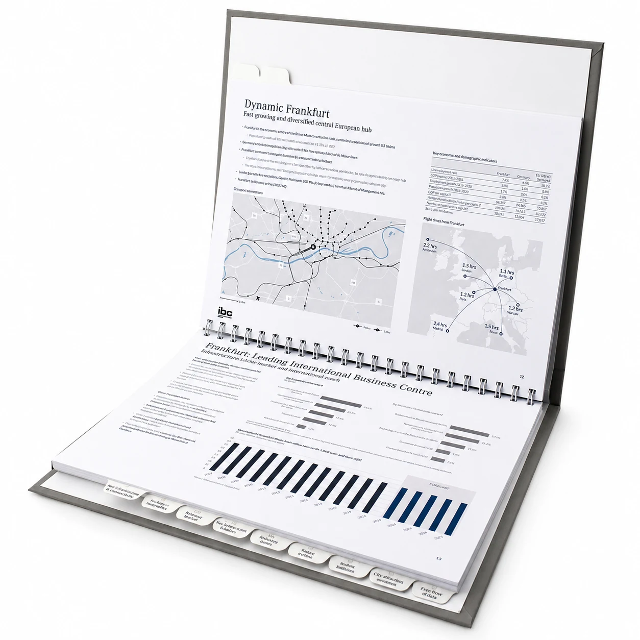 Wire-O bound report opened flat with printed tab dividers along the lower edge