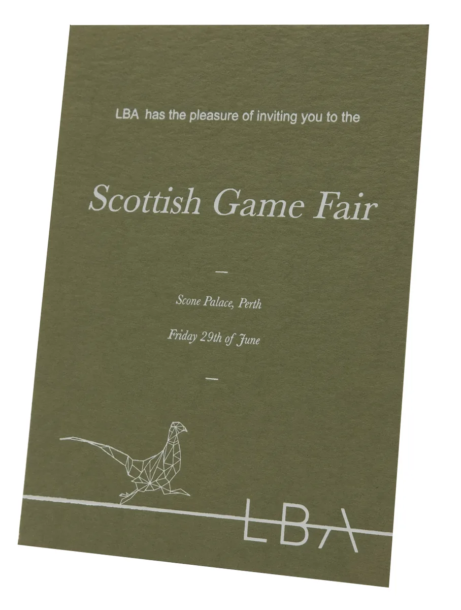 Scottish Game Fair invitation printed in white on olive uncoated board