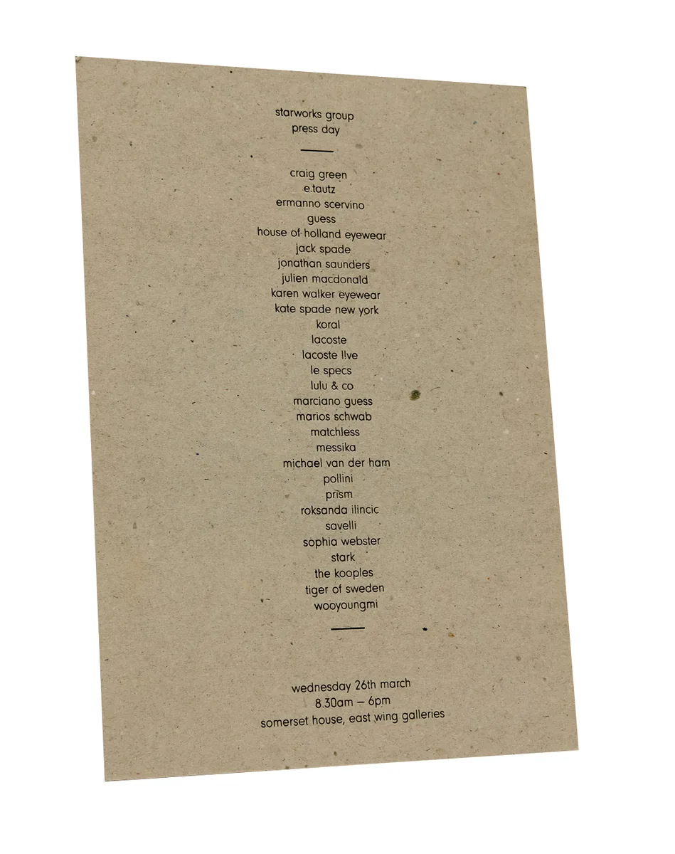 Starworks Group press day invitation printed in black on uncoated recycled board