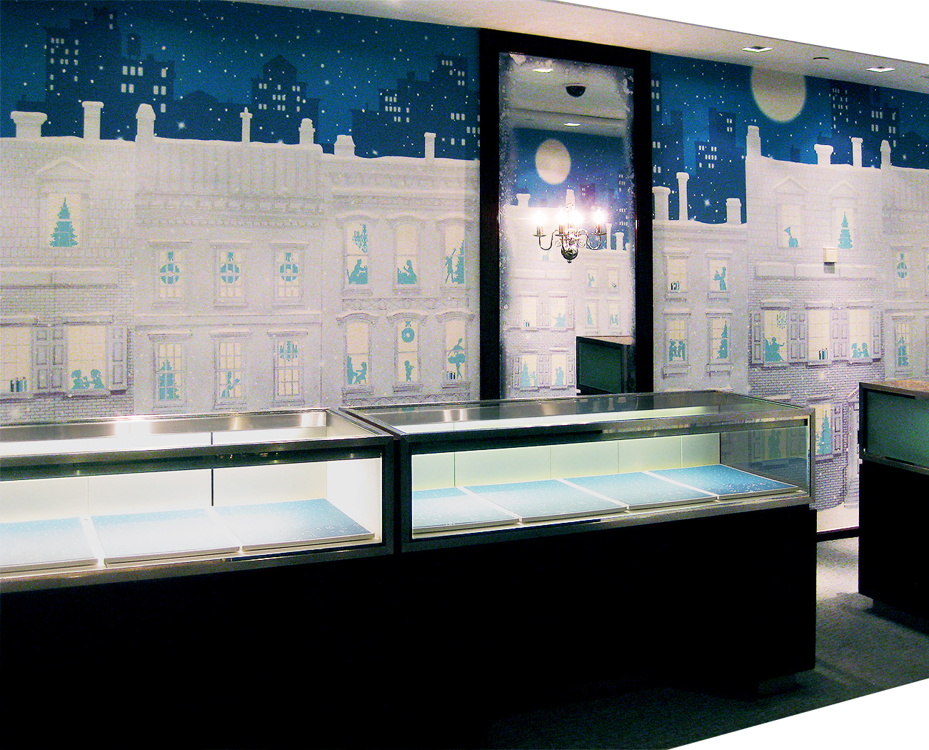 custom printed wallpaper with winter and Christmas scene for retail display