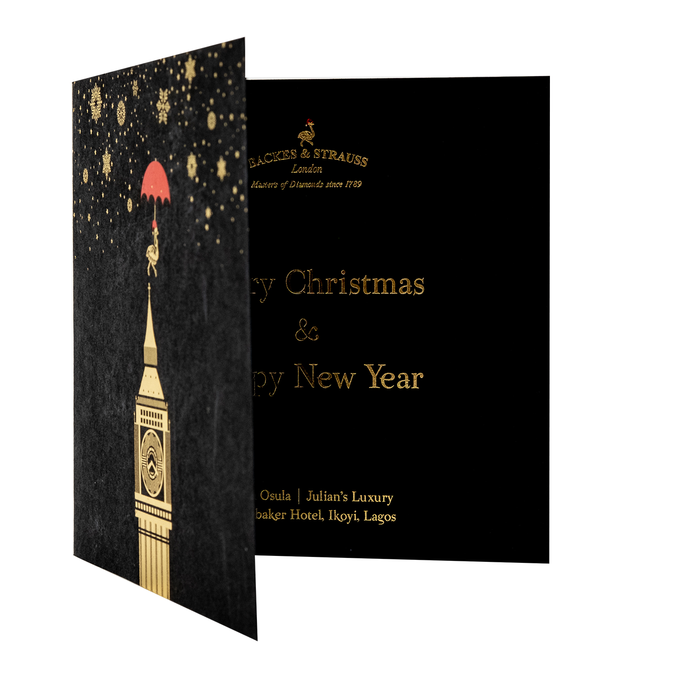 custom printed Christmas card onto black card with gold foil