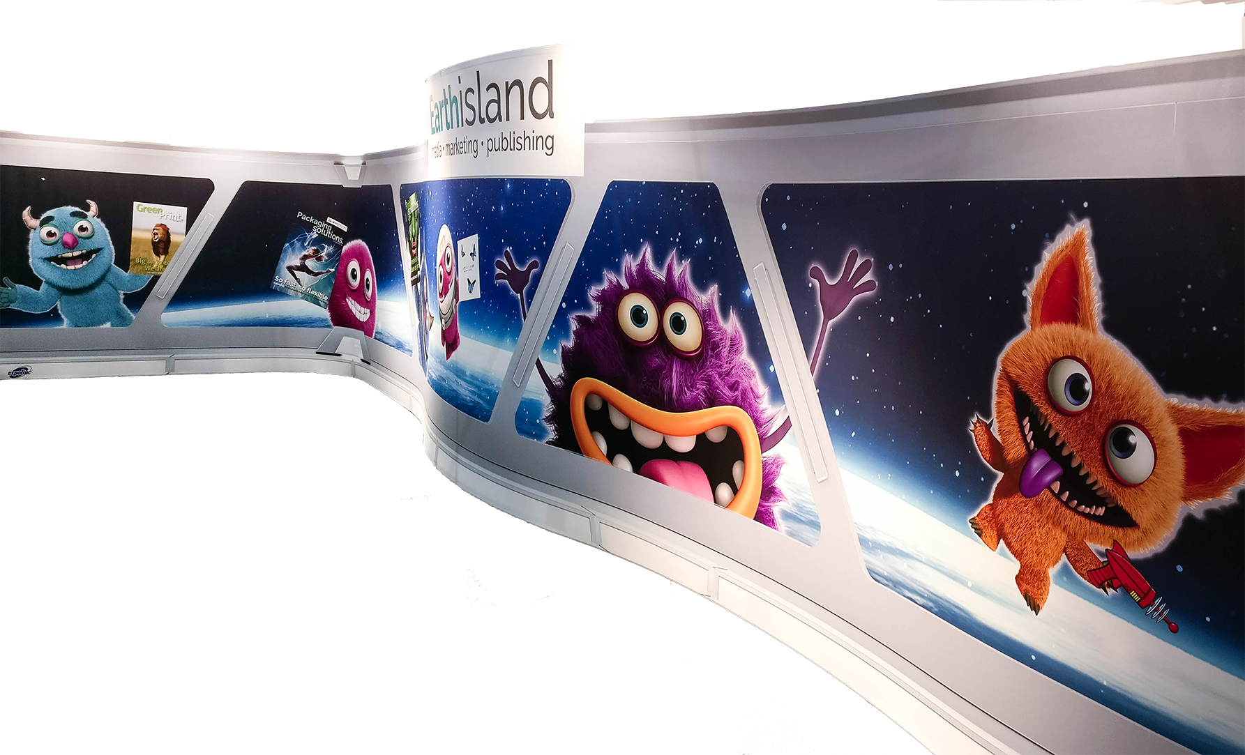 extra large pop-up display with curved edges and printed cartoon characters