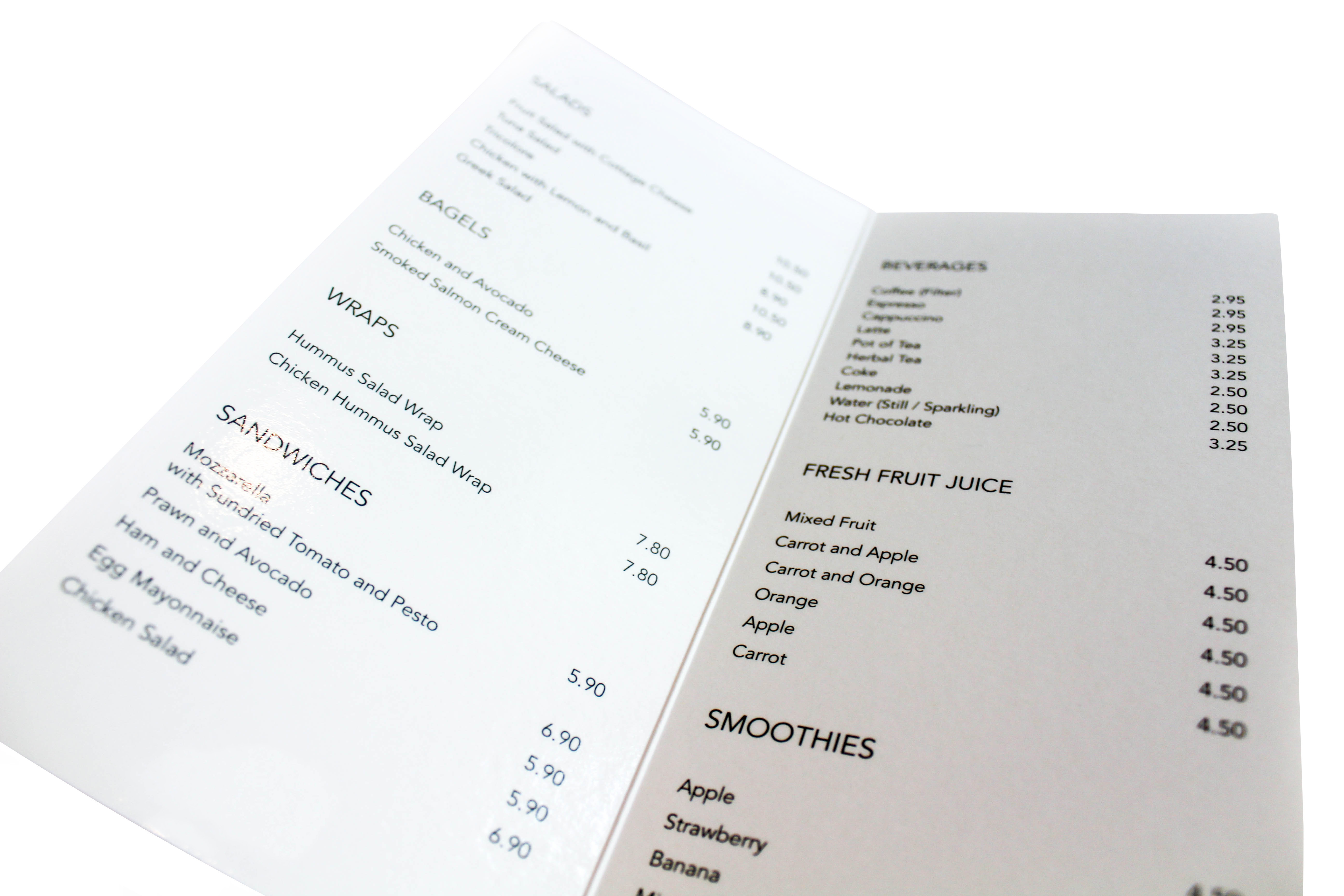 printed menu for upmarket restaurant